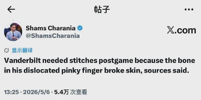 范德比尔特右手小指脱臼刺穿皮肤 湖人惨败雷霆